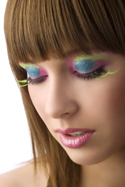 Krásná Dívka Udržet Oči Zavřené Barevnými Make Upu Zelené Dlouhé — Stock fotografie