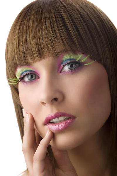 Agradável Menina Bonita Nova Com Maquiagem Colorida Pestanas Longas Verdes — Fotografia de Stock