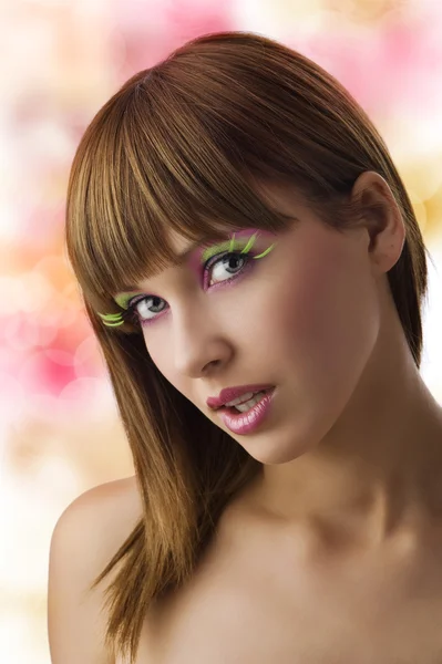 Graceful Young Woman Looking Camara Colored Make Green Long Eyelashes — Stock Fotó