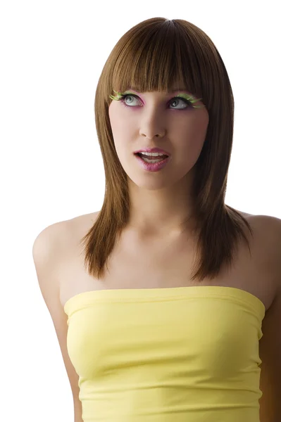 Young Pretty Girl Creative Make Wearing Yellow Top — Stock Fotó