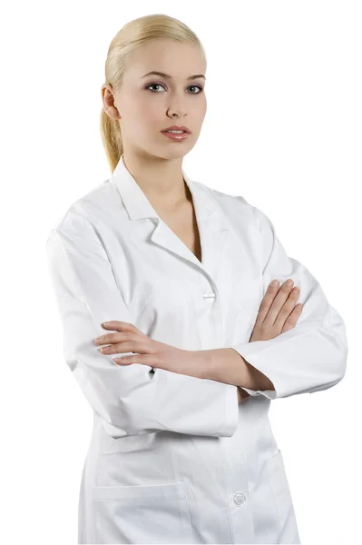 Linda Mujer Rubia Vestido Noche Blanco Como Médico — Foto de Stock