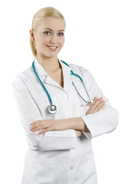 微笑女医疗医生用听诊器孤立在白色背景 — 图库照片