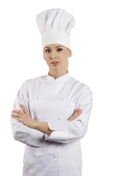 Młoda Zgrabna Kobieta Ubrana Jak Gotować Wpr Białym Tle — Zdjęcie stockowe