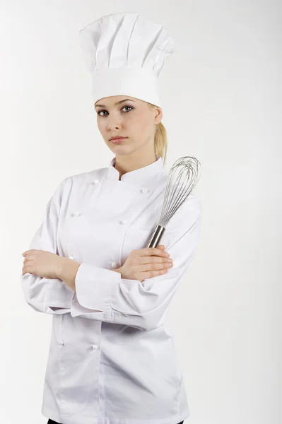 Jovem Graciosa Mulher Vestida Como Cozinheiro Com Tampa Sobre Backgound — Fotografia de Stock