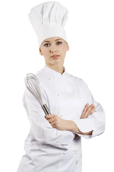 Mladá Půvabná Žena Oblečená Jako Kuchař Víčkem Bílém Pozadí — Stock fotografie