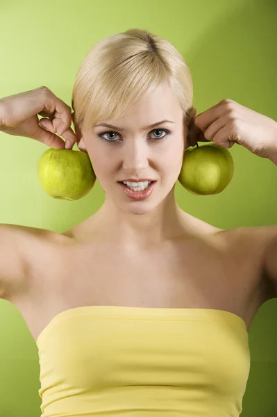 Very Cute Blond Girl Playing Two Green Apple Earrings Looking — Stock Photo, Image