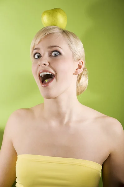 Funny Shot Nice Girl Green Apple Her Head Making Face — Stock Photo, Image