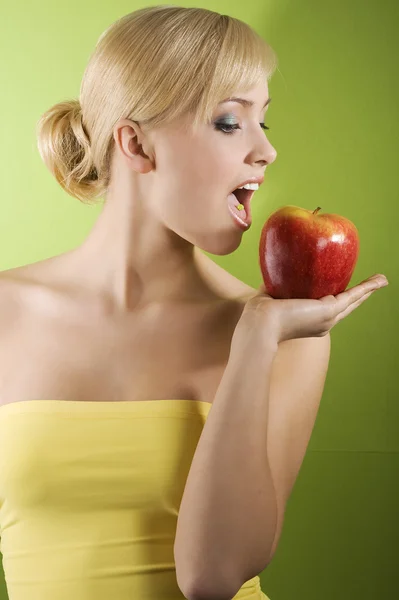 Nice Shot Young Beautiful Woman Colored Background Act Eat Red — Stock Photo, Image