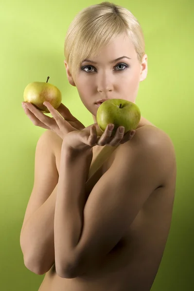 Fashion Glamour Shot Nude Young Woman Apple Green Background — Stock Photo, Image
