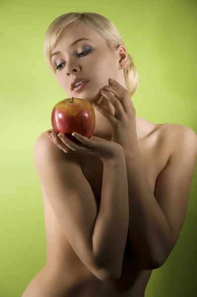 Fashion Glamour Shot Dreaming Nude Young Woman Red Apple Green — 스톡 사진