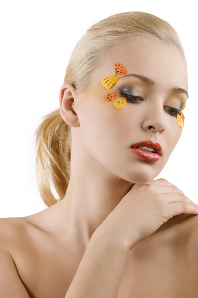 Jolie Jeune Femme Blonde Avec Maquillage Créatif Coloré Sur Fond — Photo