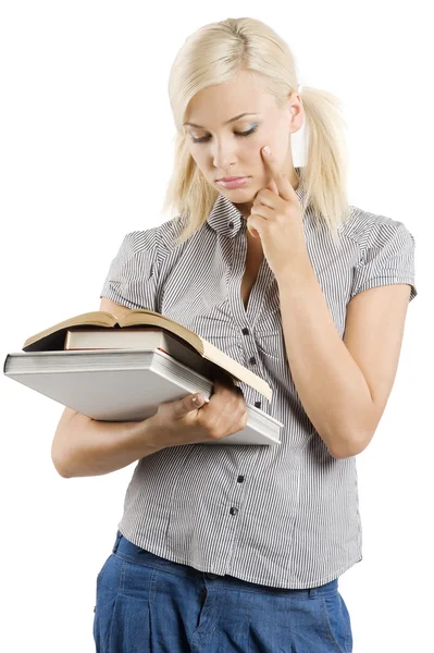 Hermosa Joven Estudiante Pensando Mientras Ella Está Leyendo Libro —  Fotos de Stock