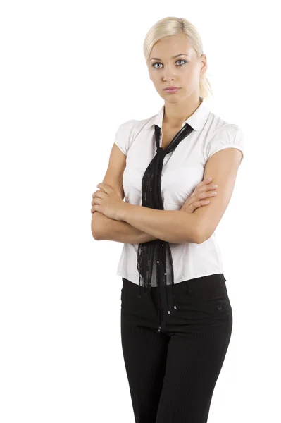 Blond Young Cute Woman Formal Dress Secretary White Shirt Tie — Stock Fotó