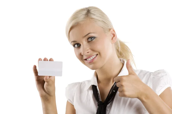 Young Nice Woman Showing White Card Smiling Saying — Stock Fotó