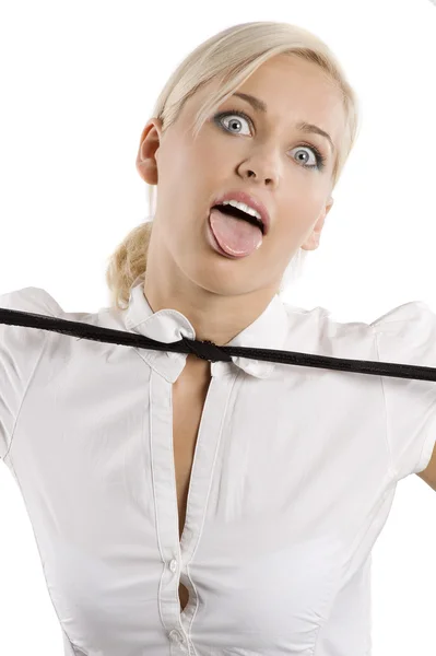 Blond Young Cute Woman Formal Dress Secretary White Shirt Tie — Stock Fotó