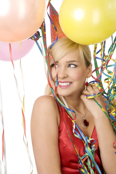 Pretty Blond Woman Red Dress Balloons Party White Smiling — Stock Photo, Image