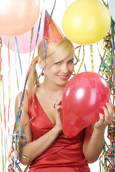 Blond Young Woman Funny Hat Keeping Red Balloon Party Looking — Stock Photo, Image