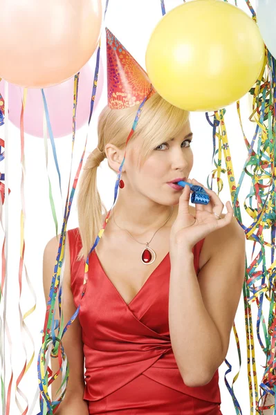 Portrait Blond Young Woman Red Dress Enjoying Party Colored Balloons — Stock Photo, Image