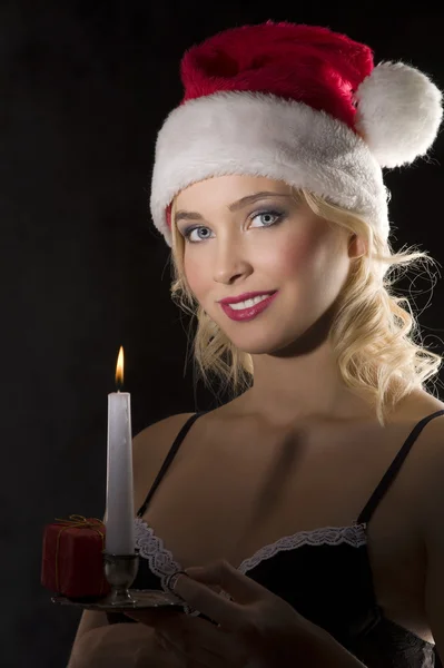 Sonriente Linda Mujer Joven Atractiva Con Camisón Hormiga Sombrero Navidad —  Fotos de Stock