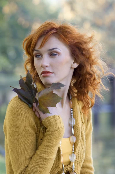 Kızıl Saçlı Kadının Yüzüne Park Yakınındaki Bazı Yaprakları Ile Yakın — Stok fotoğraf