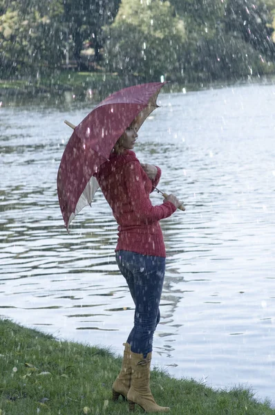 Χαριτωμένο Κορίτσι Ομπρέλα Ψάχνει Στον Ποταμό Στην Σεζόν Φθινόπωρο — Φωτογραφία Αρχείου