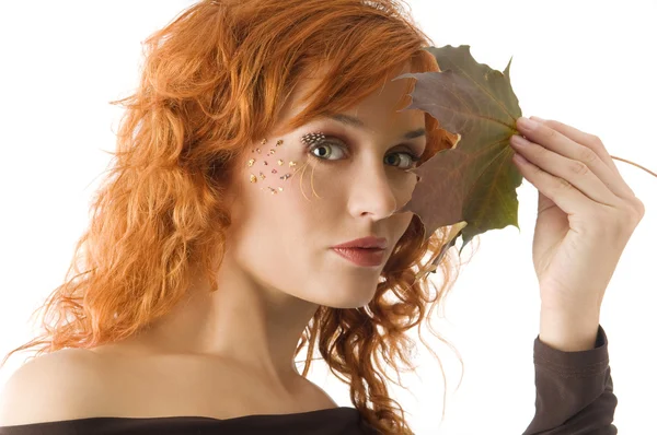 Nice Portrait Beautiful Red Haired Girl Fall Leaf — Stock Photo, Image