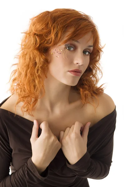 Nice Portrait Beautiful Red Haired Girl Creative Makeup — Stock Photo, Image
