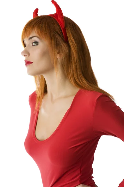 Kızıl Saçlı Kız Kırmızı Elbise Bir Şeytan Gibi Kırmızı Boynuzlar — Stok fotoğraf