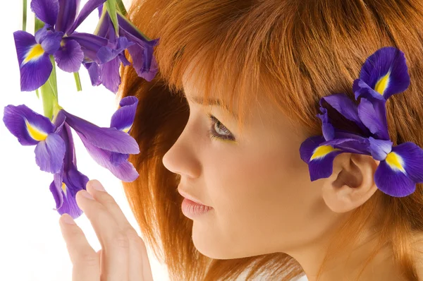Beauty Portrait Cute Redhead Girl Looking Purple Flowers — Stock Photo, Image