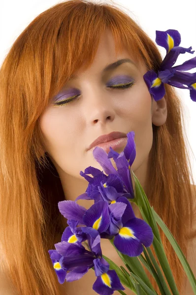Sweet Portrait Young Pretty Woman Smelling Purple Flowers — Stock Photo, Image