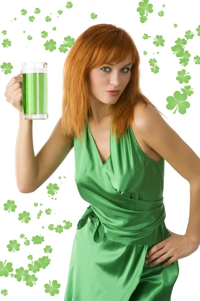 Cute Red Haired Woman Posing Green Dress Drinking Green Beer — Stock Photo, Image