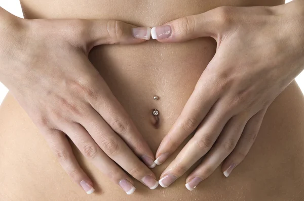Close Young Female Drawing Heart Hands Her Stomach — Stock Photo, Image