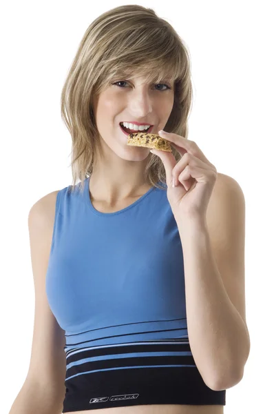 Ξανθό Κορίτσι Μπλε Ελαστικό Ύφασμα Που Τρώει Ένα Δισκίο Διατροφή — Φωτογραφία Αρχείου