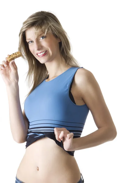 Chica Rubia Azul Chemise Comer Una Tableta Dieta Sonriendo Cámara — Foto de Stock