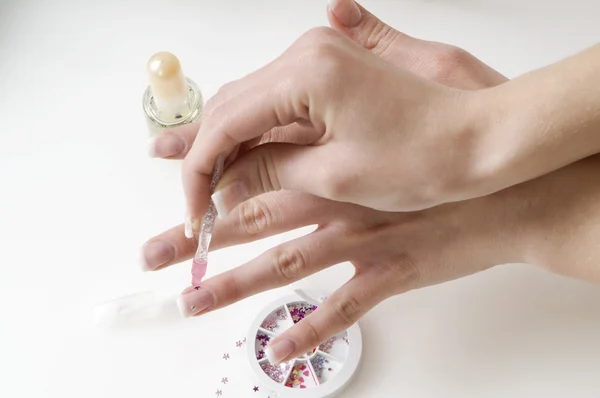 Young Woman Painting Her Finger Nails Sort Nail Art — Stock Photo, Image