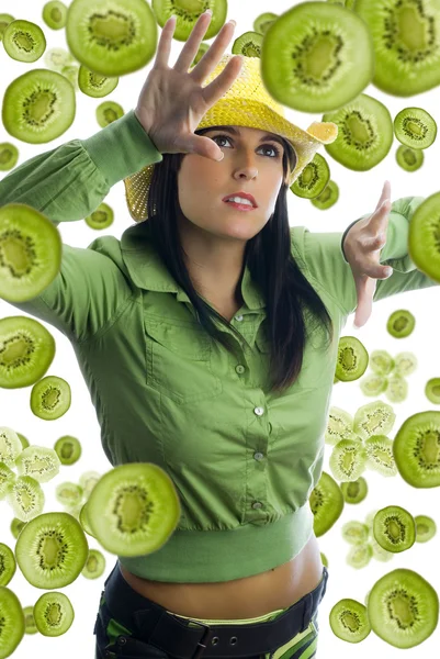 Pretty Girl Colored Dress Pieces Fruit All Her — Stock Photo, Image