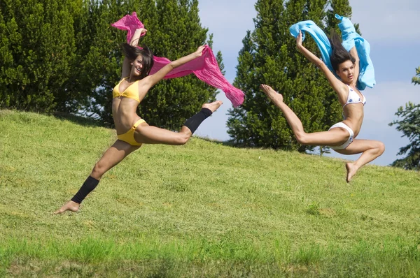 跳跃的 Tougheter 与粉色和蓝色的 Scarfe 字段中的两个大女孩 — 图库照片
