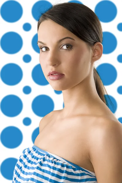 Portrait Beautiful Woman Wearing Blue Line Top — Stock Photo, Image