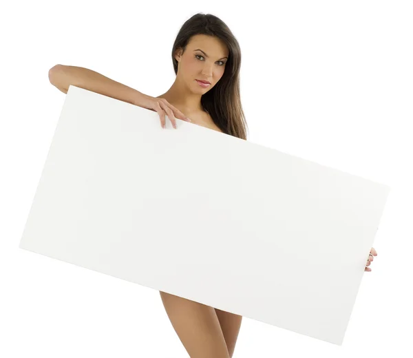 Jovem Mulher Nua Cobrir Corpo Com Uma Exibição Publicidade Branca — Fotografia de Stock
