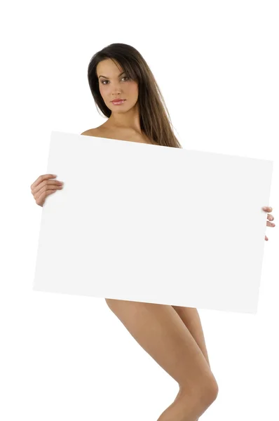 Joven Mujer Desnuda Publicidad Con Una Pantalla Frente Cuerpo — Foto de Stock