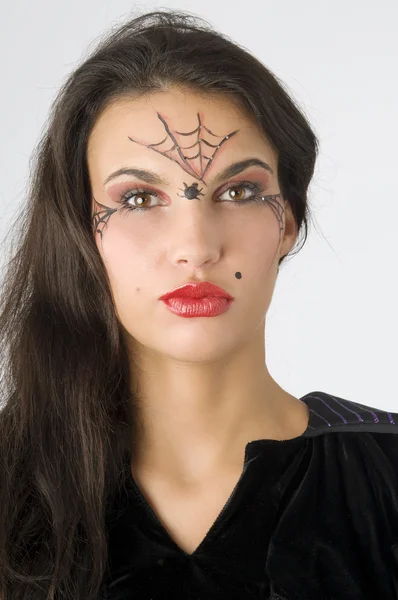 Young Nice Brunette Spider Web Painted Face — Stock Photo, Image