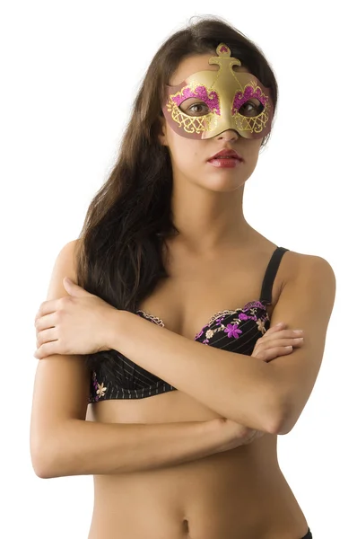Chica Muy Agradable Con Pelo Largo Sujetador Máscara Carnaval Mirando — Foto de Stock