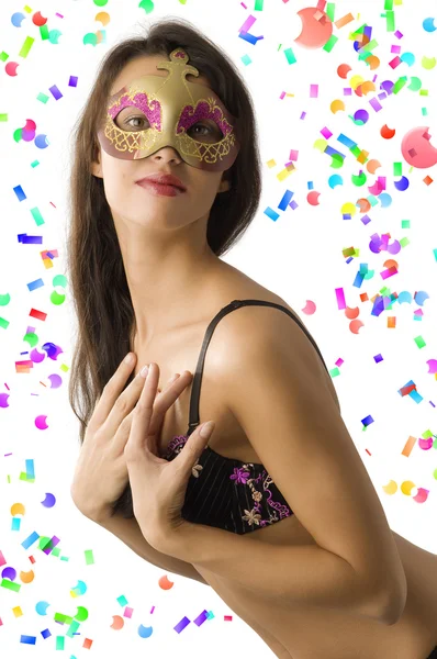 Cute Young Brunette Wearing Bra Lingerie Face Golden Mask — Stock Photo, Image