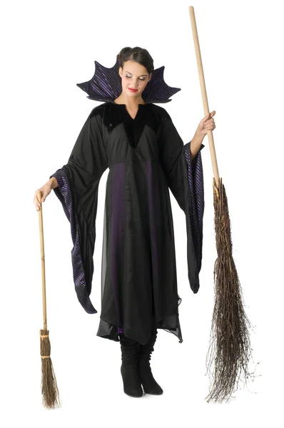 Nice Witch Black Dress Brooms One Big One Little — Stock Photo, Image