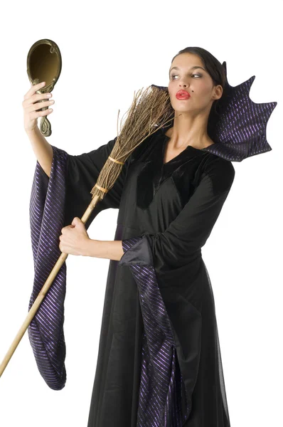 Witch Playing Broom Beauty Brush — Stock Fotó