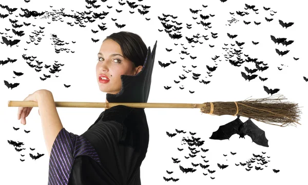 Pretty Witch Black Dress Her Broom Shoulder Black Bat Flying — 스톡 사진