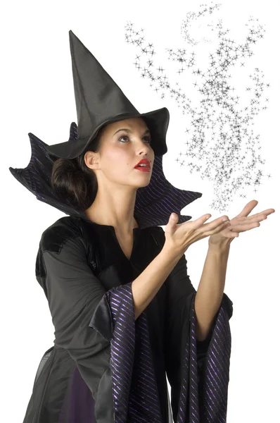 Siyah Elbise Şapka Sihirli Büyü Yaparken Tatlı Cadı — Stok fotoğraf