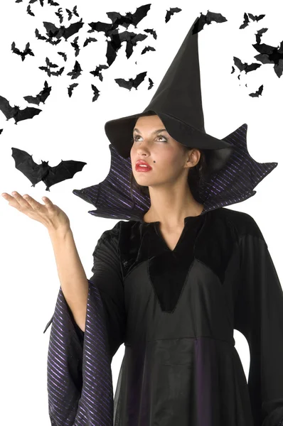 すべての周りの黒魔女と黒のドレスと帽子を持つバット — ストック写真