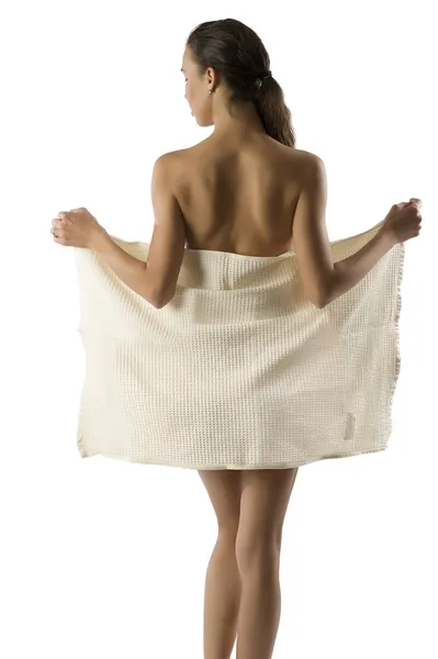 Retrato Beleza Mulher Bonita Vestindo Uma Toalha Banho Branca Mostrando — Fotografia de Stock