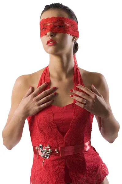 Jolie Brune Avec Masque Rouge Chemise Dentelle Rouge Regardant Caméra — Photo